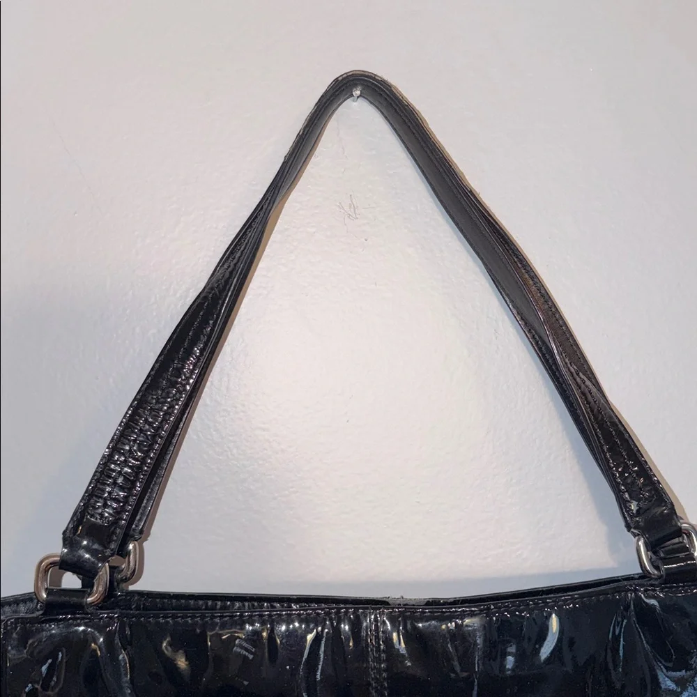 Coach ladies black patent leather tote. Green lining. F24893.